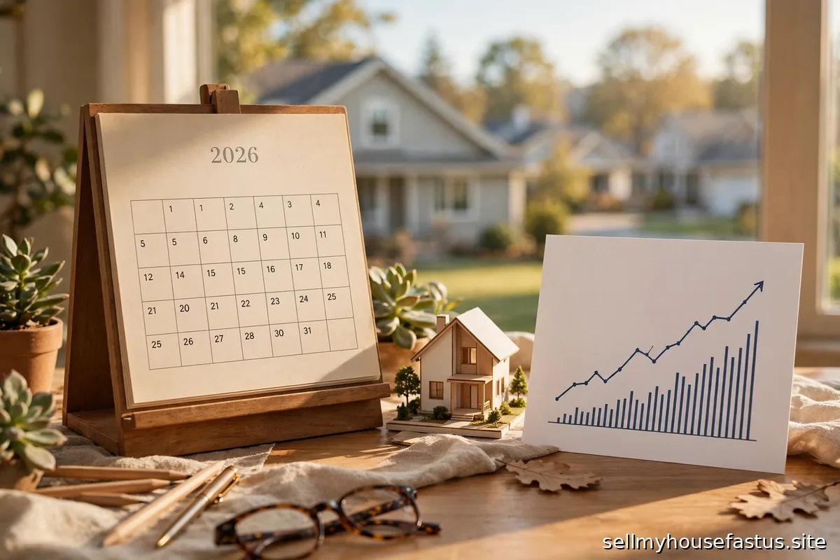 A desk calendar showing the year 2026 with a house model and a rising market graph.