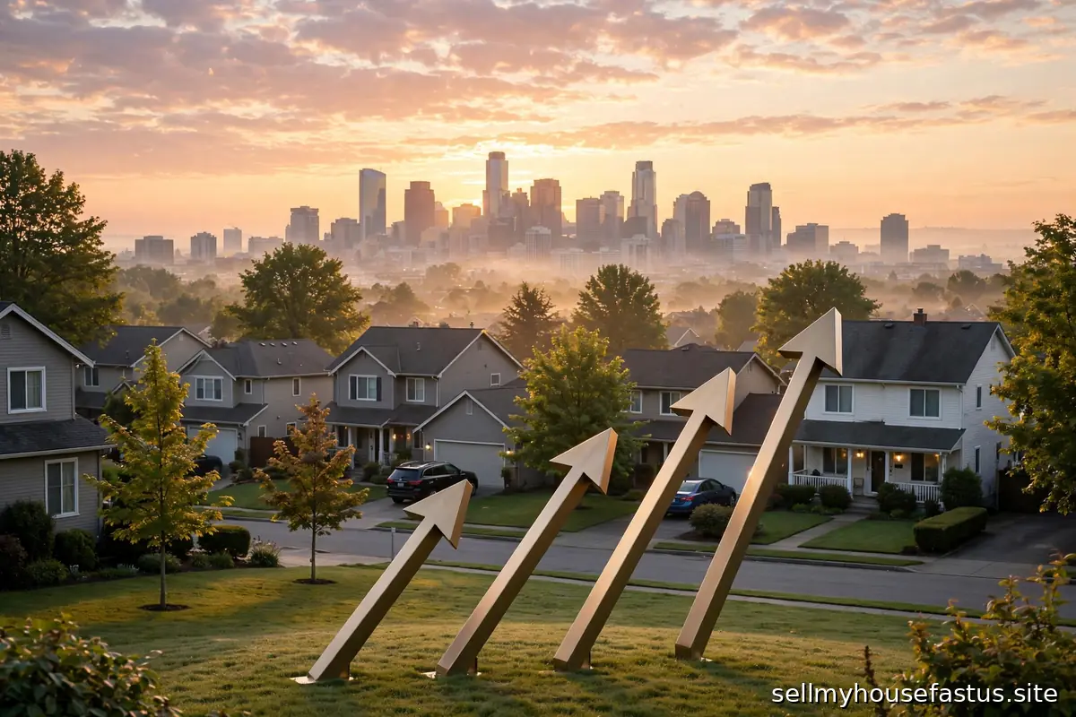A city skyline at sunrise with suburban houses and upward market arrows.