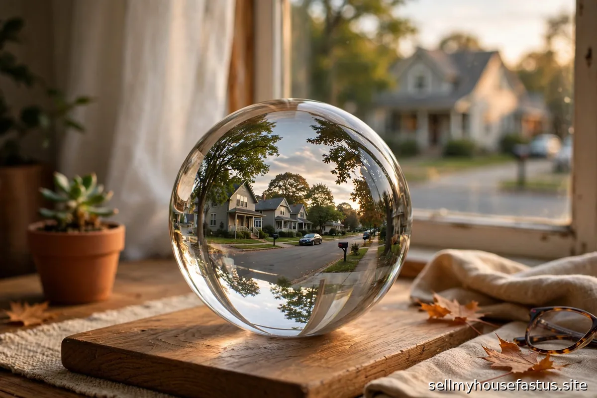 A crystal ball on a desk reflecting a quiet neighborhood street.