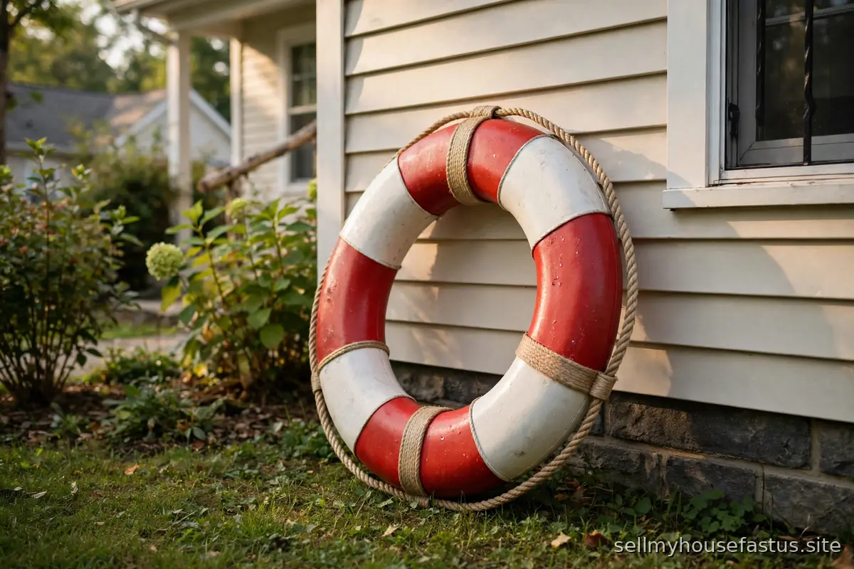 A red-and-white life preserver ring leans against a suburban house.