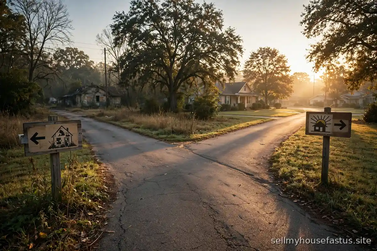 A fork in the road shows two paths: one toward foreclosure, one toward a house under a sunrise.