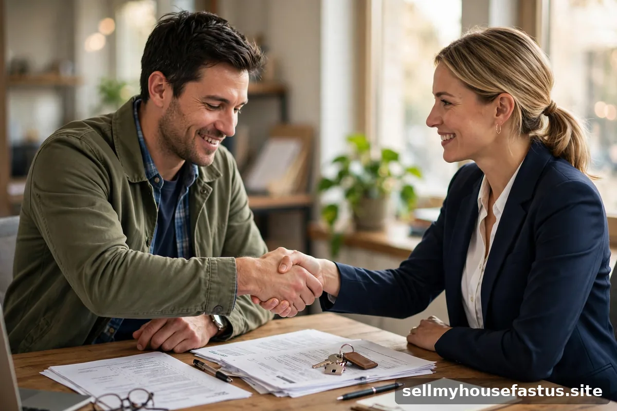 A relieved homeowner shakes hands with a lender representative across a desk with mortgage paperwork and house keys.