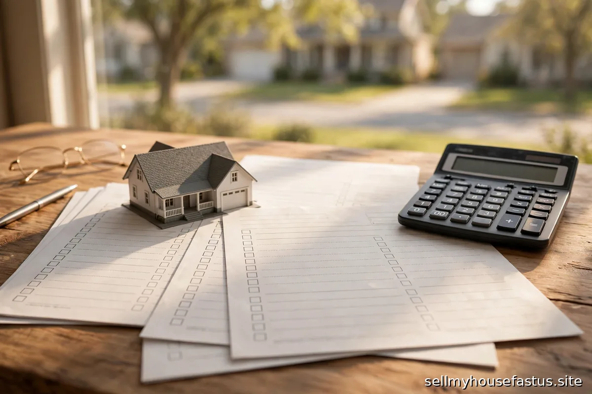 Tax forms with a miniature house model and a calculator on a desk.