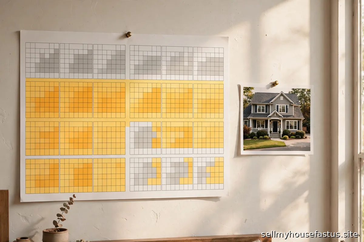A wall calendar with a two-year period highlighted beside a house photo.