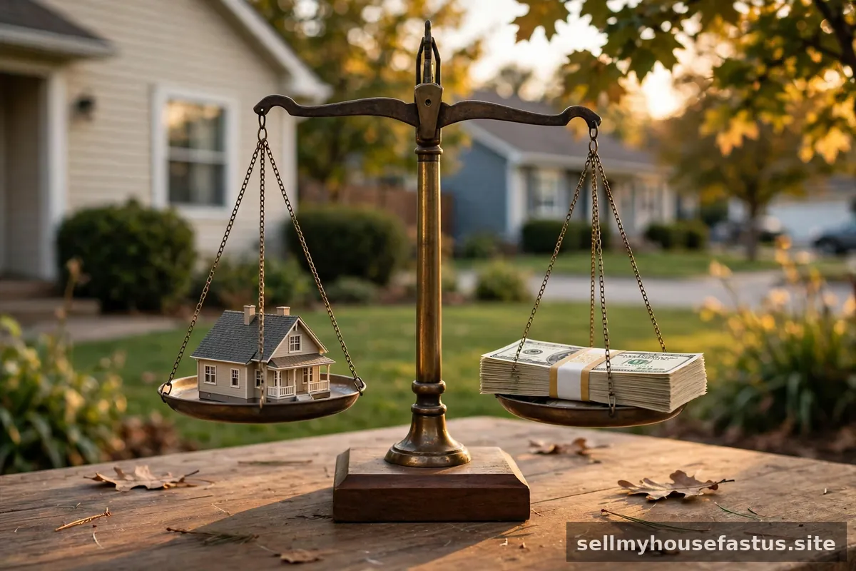 A balance scale weighing a miniature house against a stack of cash.
