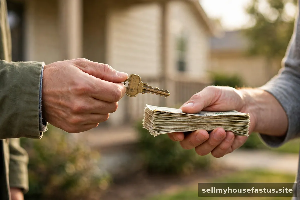 Close-up of hands exchanging a brass house key for a stack of dollar bills.