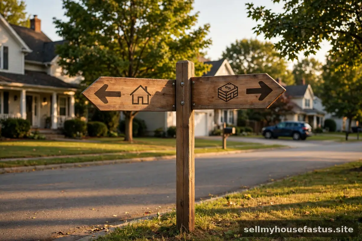A forked road sign with one arrow pointing toward a traditional house listing and the other toward a cash sale.
