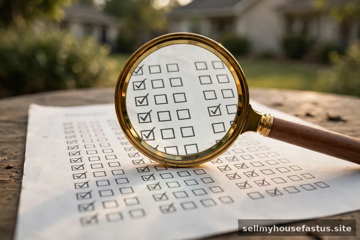 A magnifying glass over a printed checklist comparing home-buyer companies.