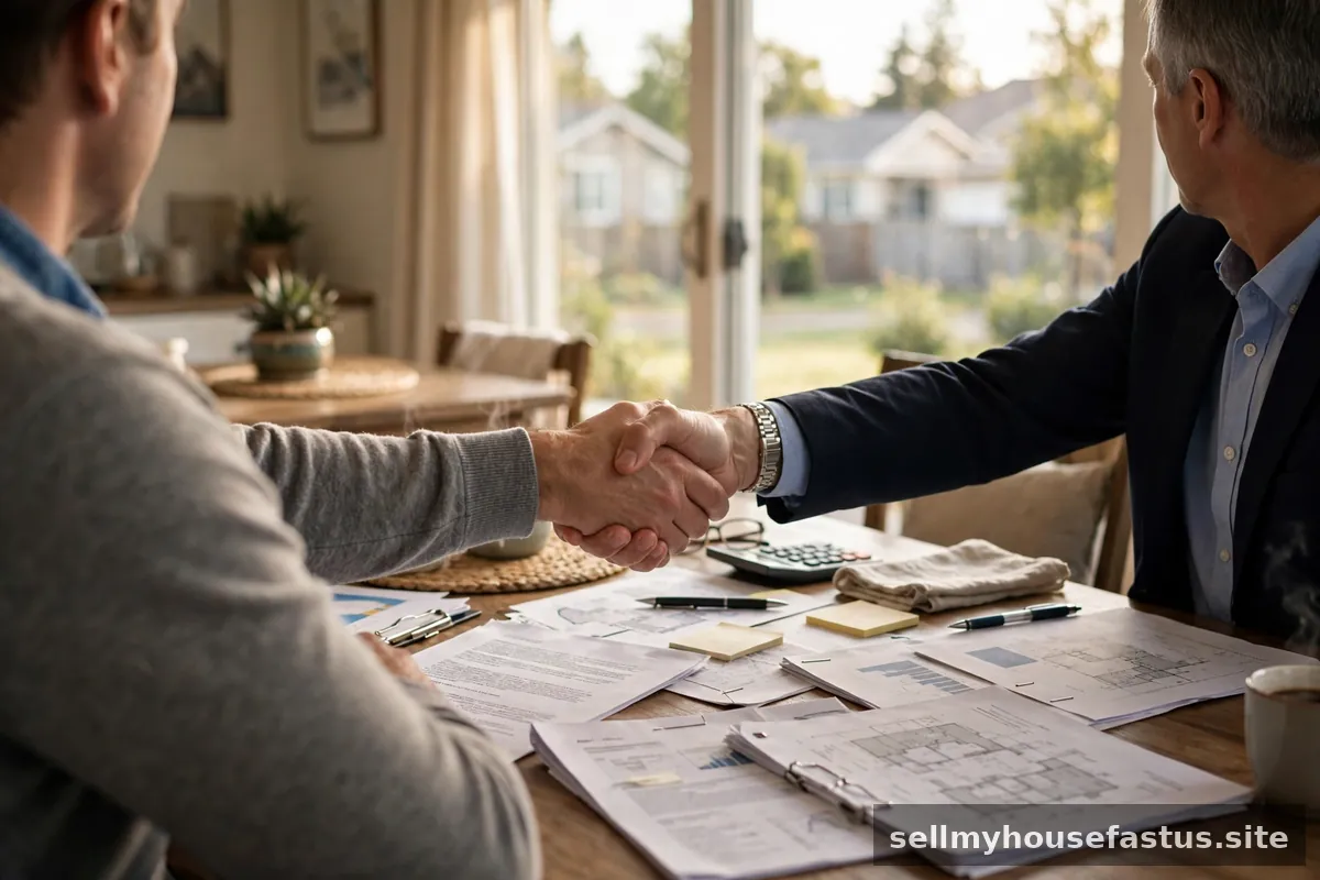 A homeowner shaking hands with an investor across a table covered with paperwork.