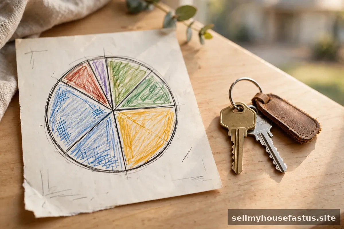 A hand-drawn pie chart of closing costs on paper next to a set of house keys.