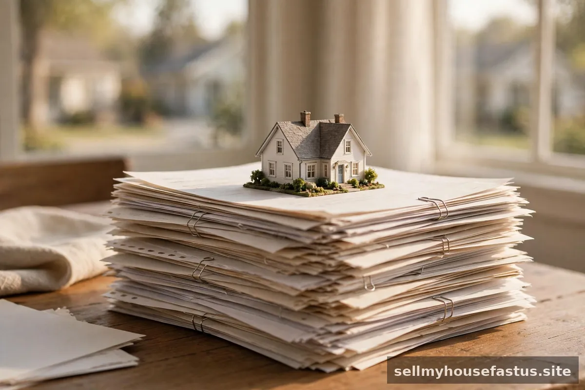 A stack of bills and invoices with a miniature house model on top.