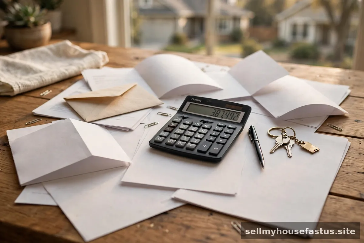 A calculator and closing documents spread across a wooden table.