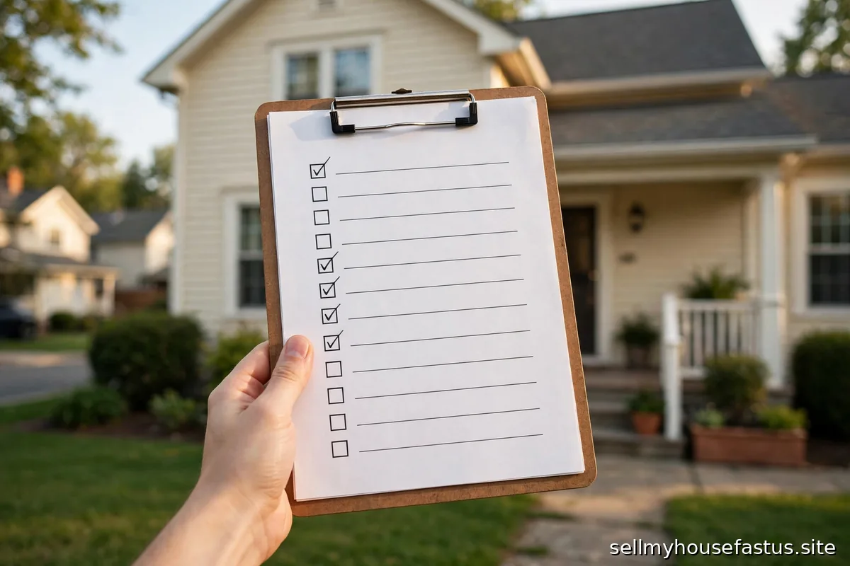 A clipboard holding a home-preparation checklist, raised in front of a tidy suburban home.