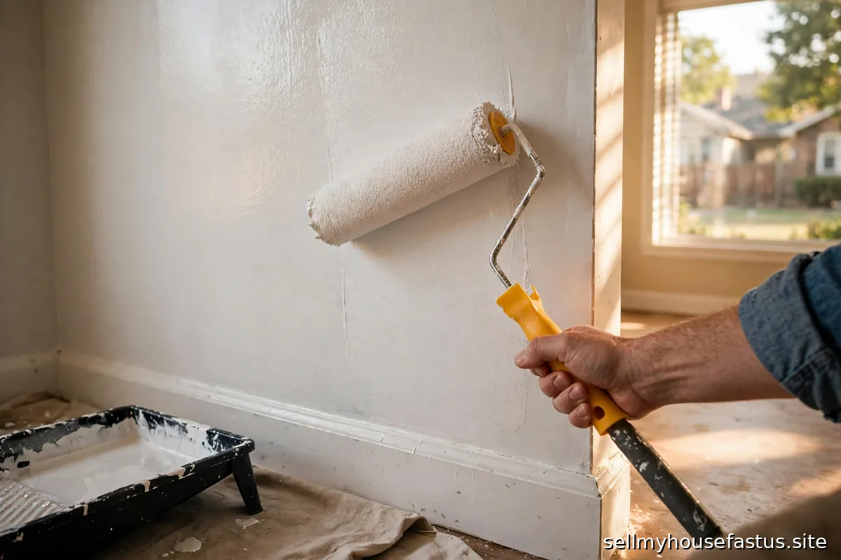 A paint roller applying fresh white paint to an interior wall.