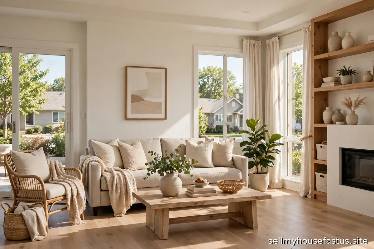 A bright, staged living room with neutral decor, ready for showings.