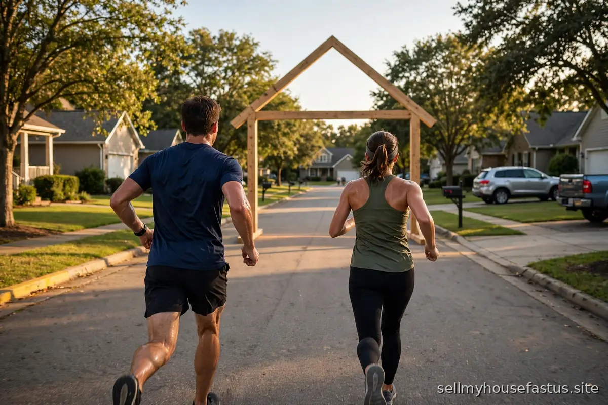 Two runners race toward a finish line shaped like a house.