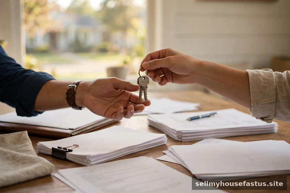 House keys being handed over across a closing table covered with documents.