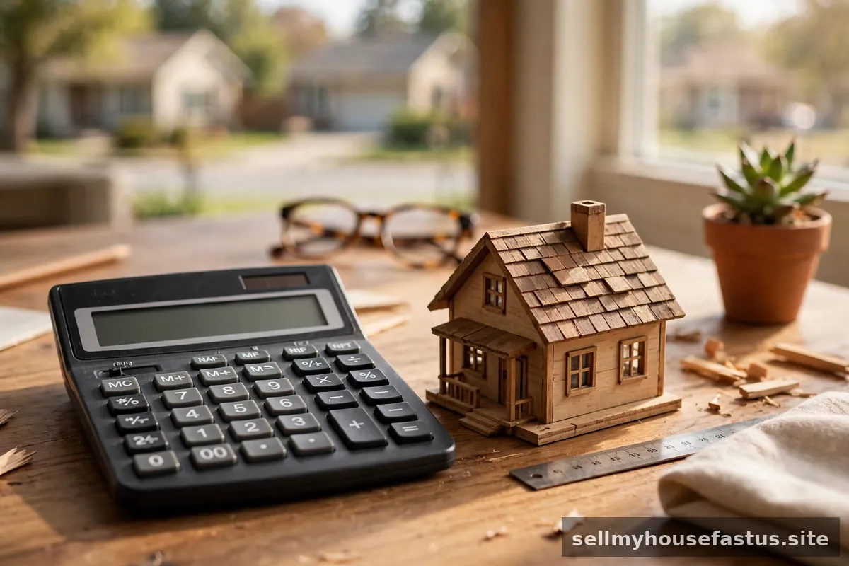 A calculator sitting next to a miniature wooden house model on a desk.
