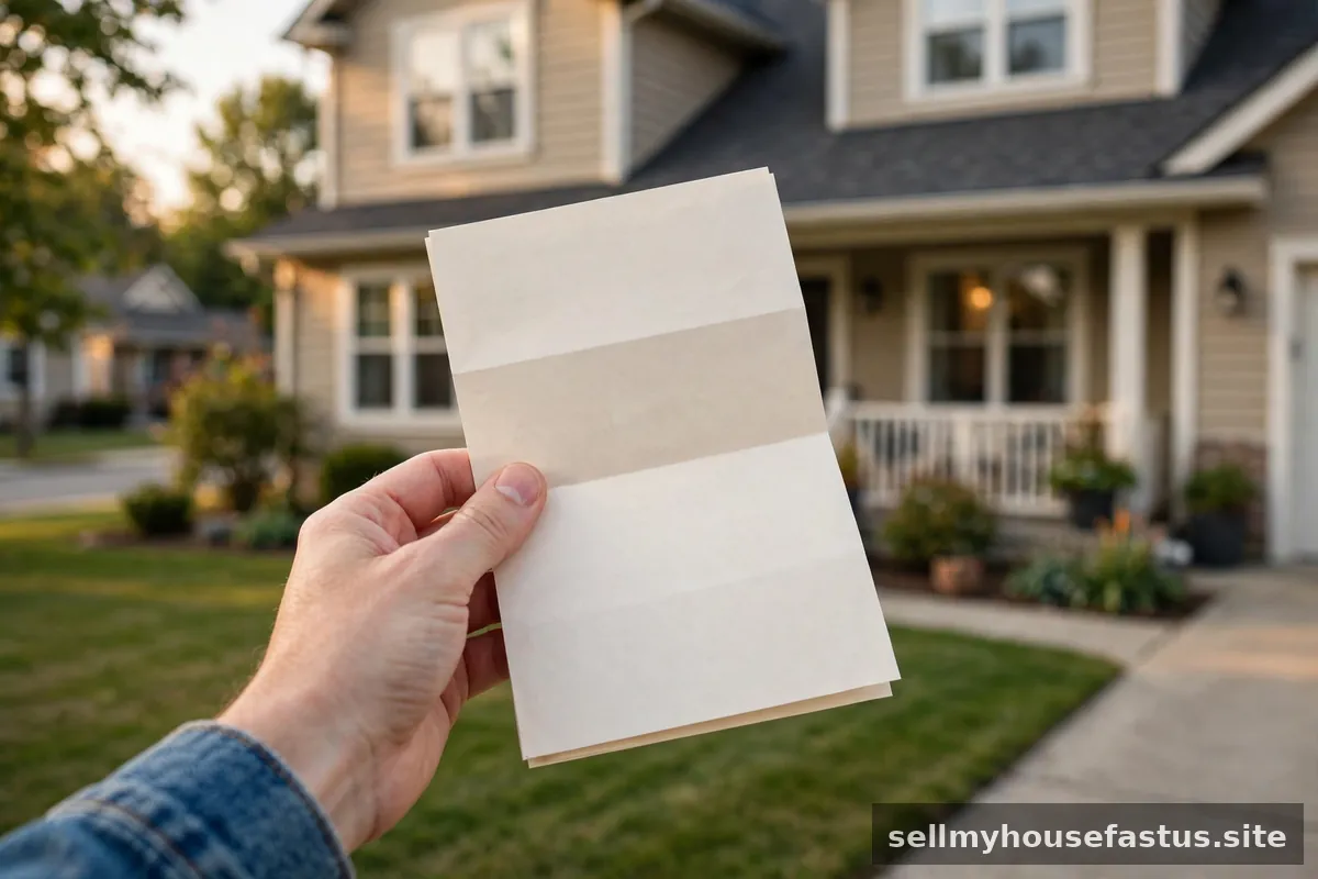 A hand holding a cash offer letter in front of a suburban home.