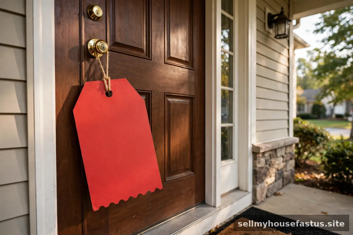 A large price tag hanging on a house front door representing a discounted sale.