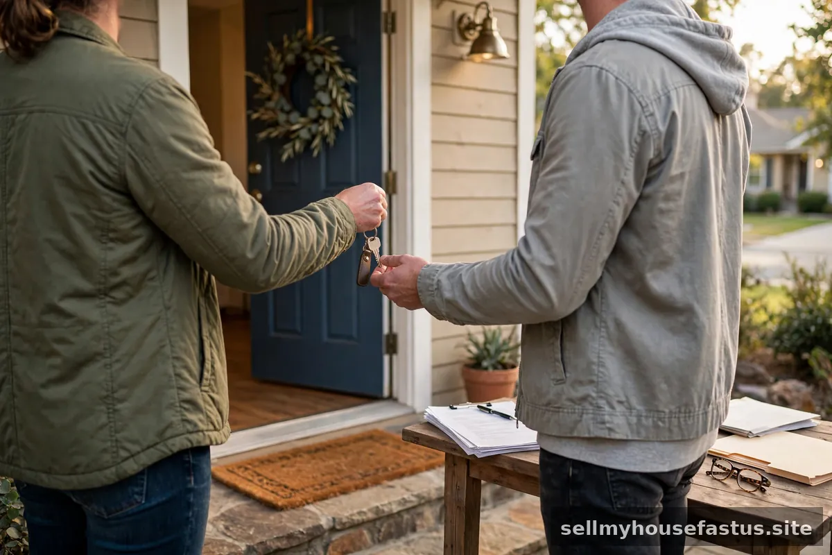 A homeowner handing house keys to a buyer at a front door with closing documents on a nearby table.