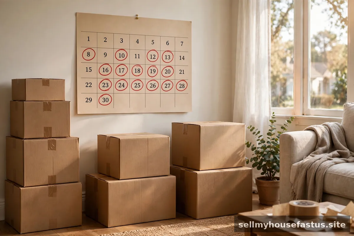 A wall calendar with circled dates beside stacked cardboard moving boxes in a living room.