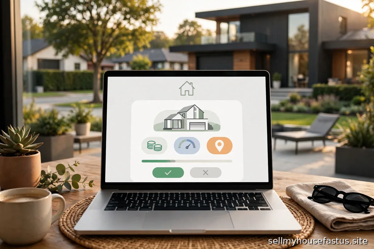 A modern laptop showing an instant home-offer interface with a contemporary house behind it.