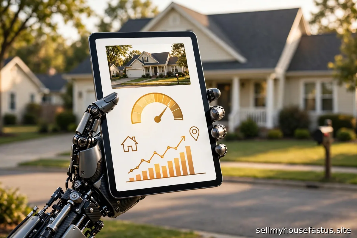 A robot hand holding a tablet valuing a suburban house.
