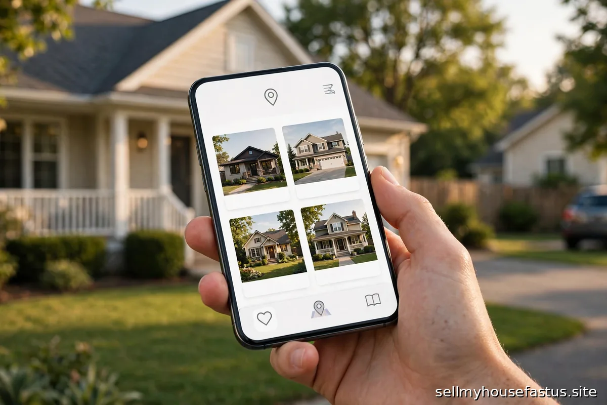 A hand holding a smartphone with a home-buying app open, a house exterior behind it.