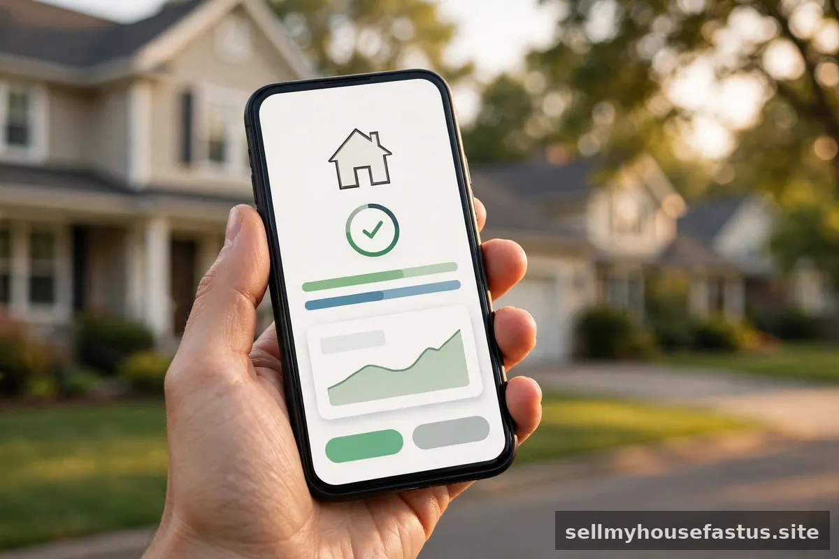A hand holding a smartphone showing an instant home-offer screen with a house exterior blurred in the background.