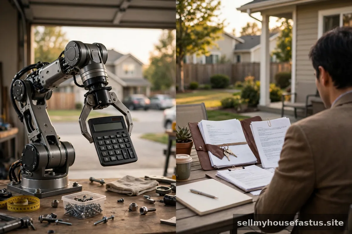 A split scene with a robot arm holding a calculator on one side and a human real-estate investor with paperwork on the other.