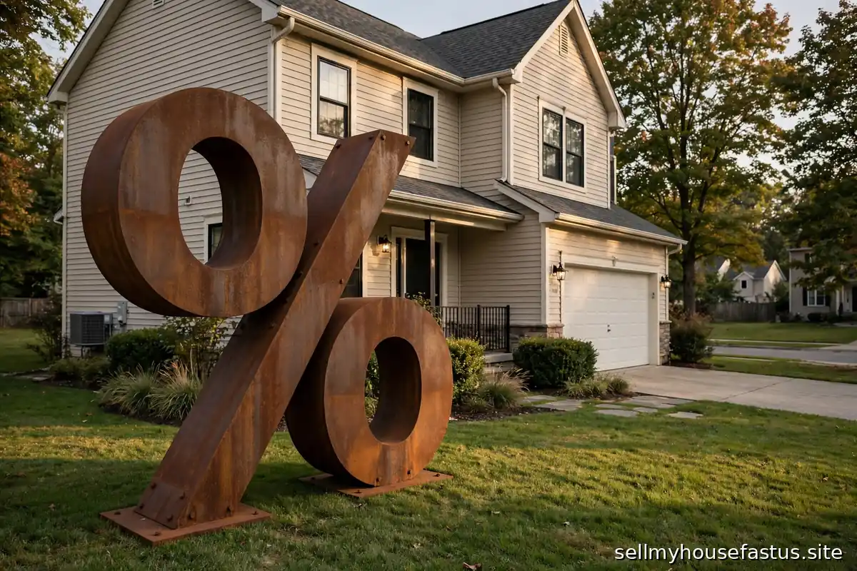 A large percentage-sign sculpture standing next to a suburban house.
