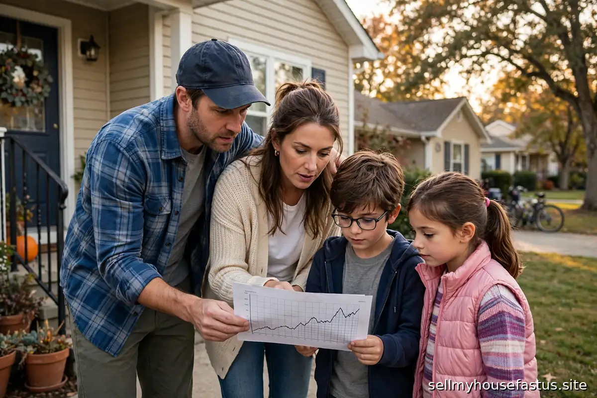 A family reviewing a printed interest-rate chart in front of their home.