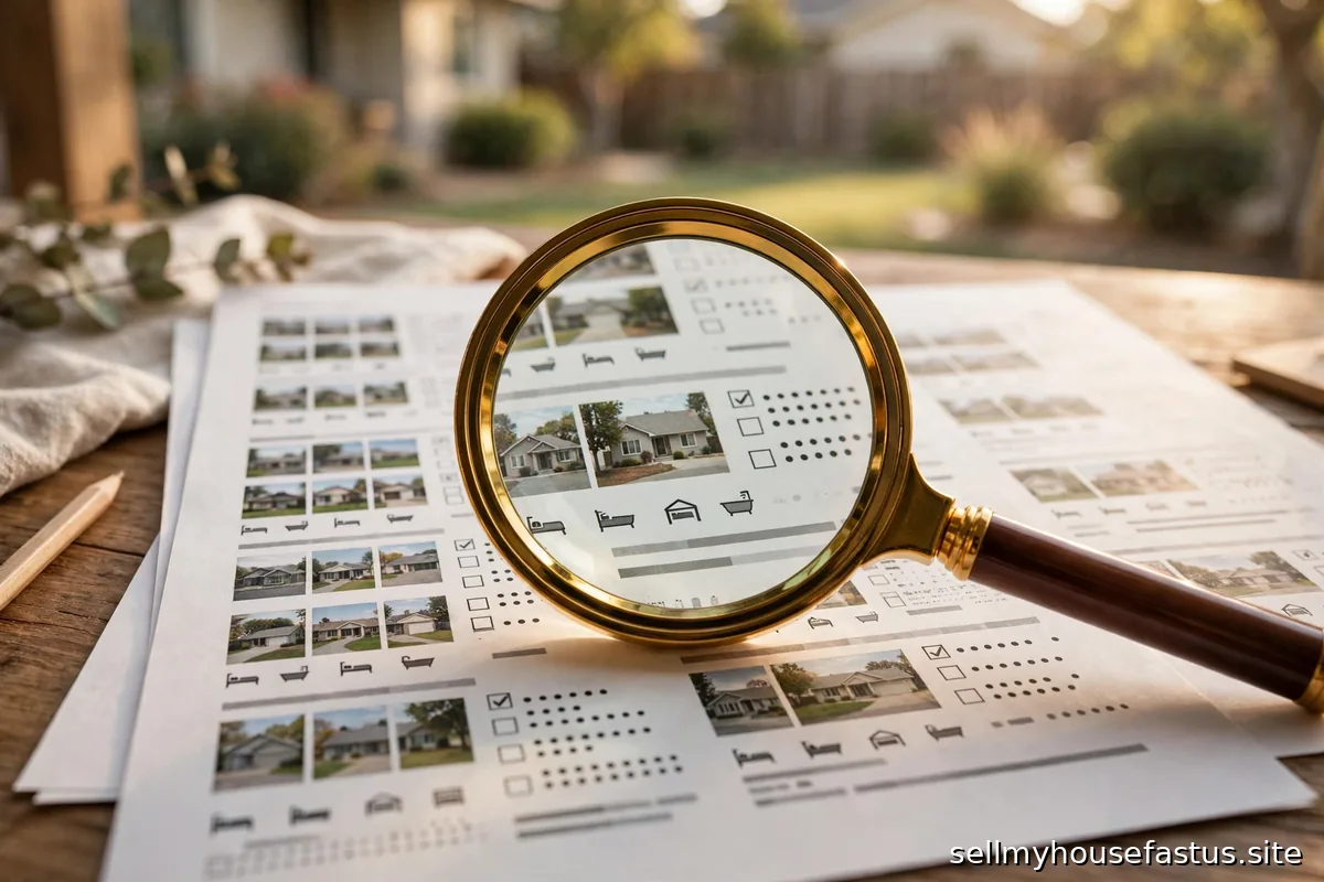 A magnifying glass over printed listings of comparable homes for sale.