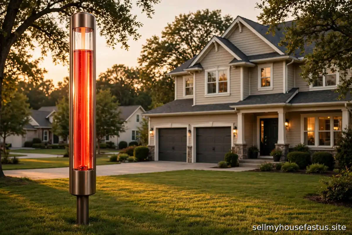 A thermometer illustrating a hot housing market next to a house.