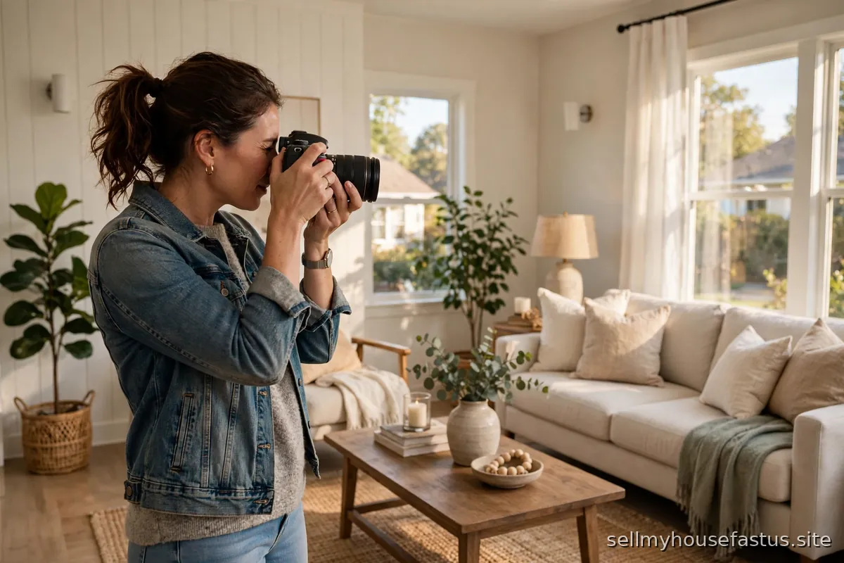A homeowner photographs a bright, staged living room with a camera for an online listing.