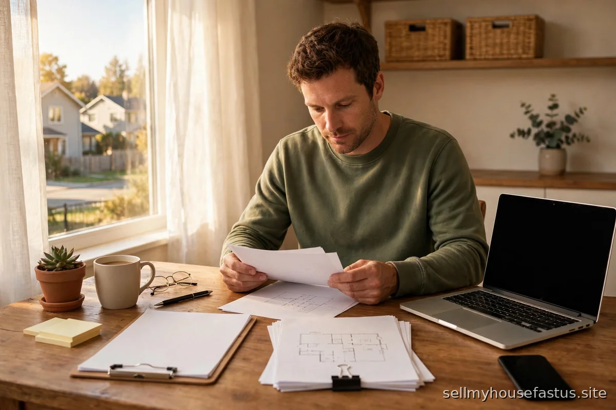 A person reviews listing paperwork with a laptop and phone at a home desk.