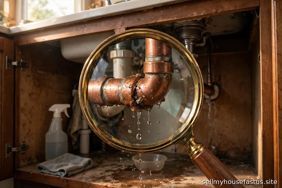 A magnifying glass revealing a leaking pipe under a kitchen sink.