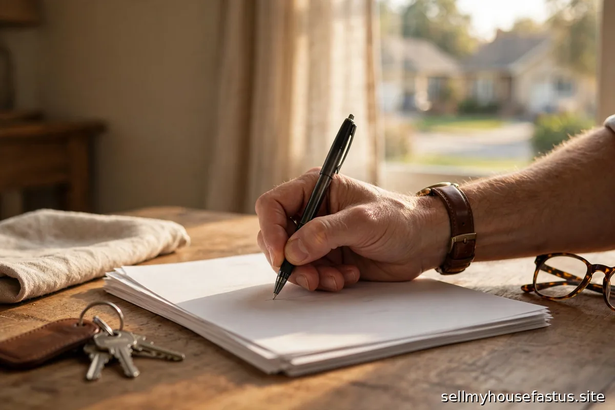 A hand signing disclosure papers at a closing table.