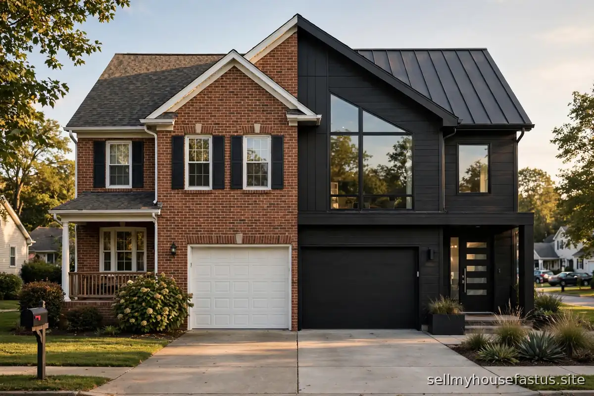 A suburban house is visually split down the middle into two contrasting halves.