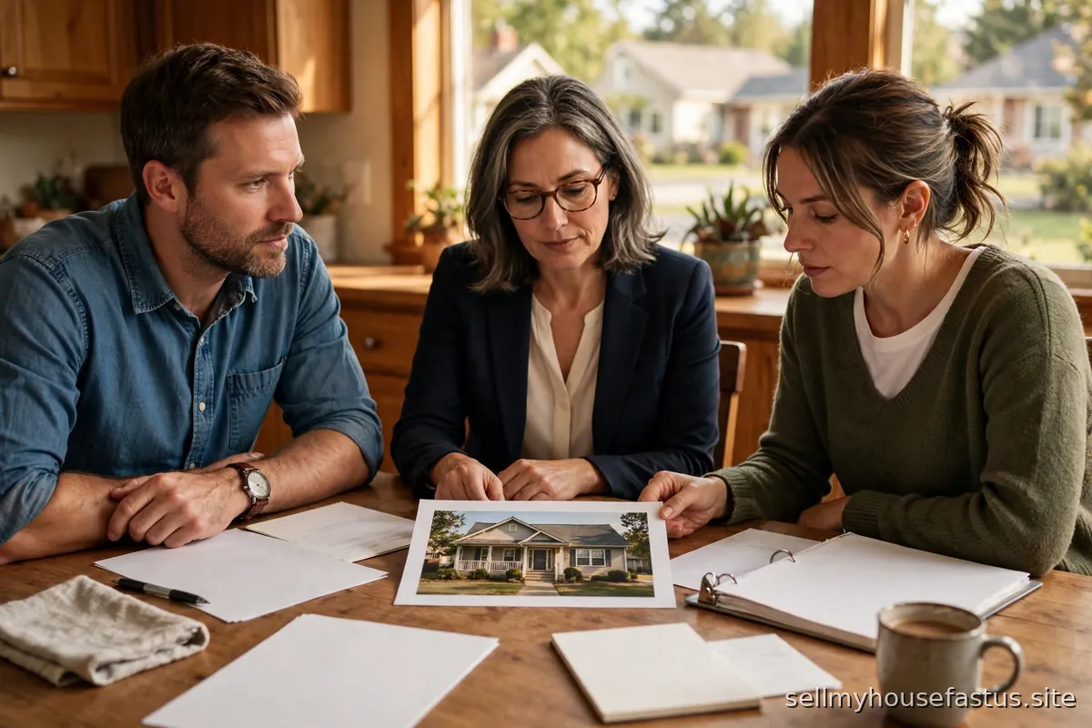 Two people meet with a mediator around a table holding a house photo and documents.