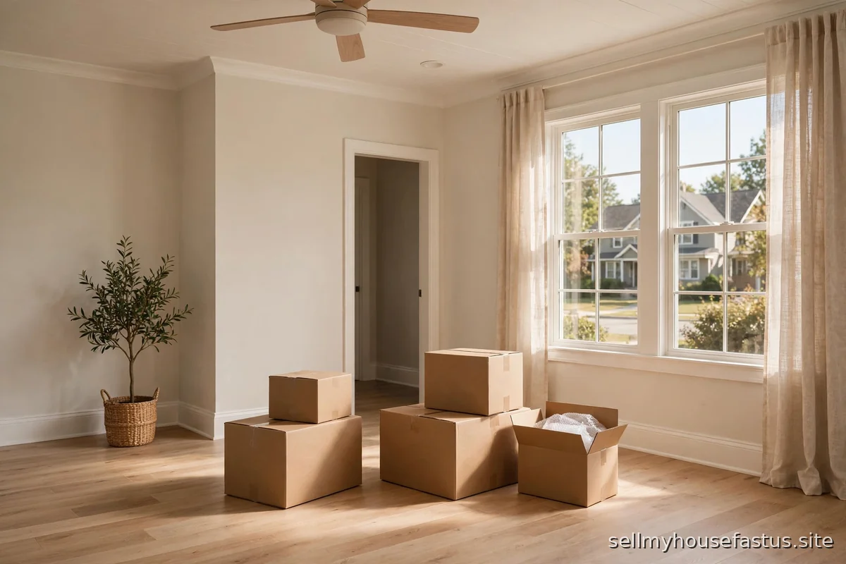 An empty, bright living room with a few packed boxes and sunlight streaming in.