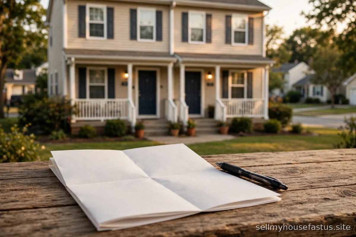 A lease document and pen lie on a table in front of a duplex house.