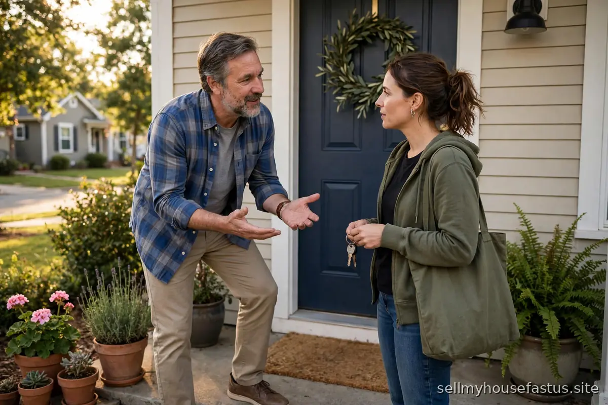 A landlord talks with a tenant at the front door of a rental house.