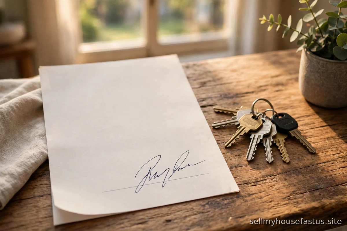A signed rental agreement rests next to a set of house keys on a wooden table.