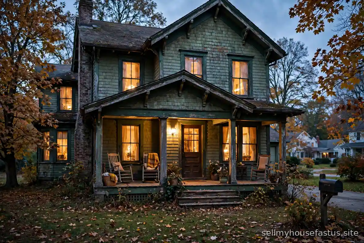 An older family home glows with warm light at dusk.