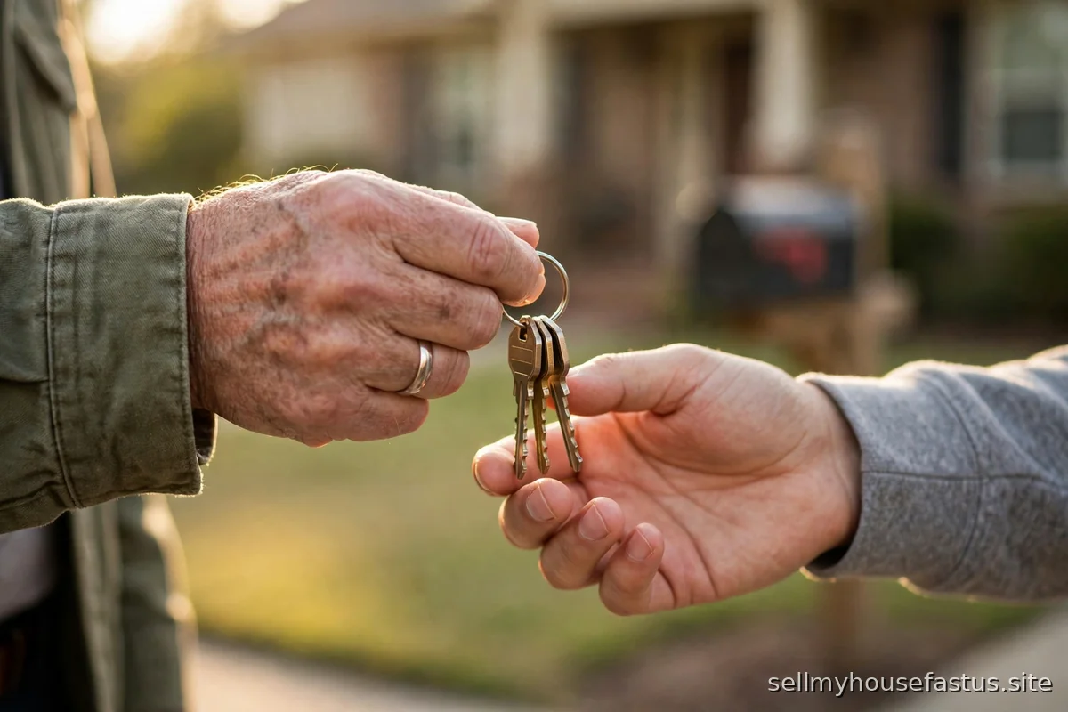 An older person's hands pass a set of house keys to younger hands.