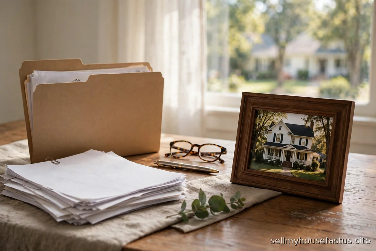 Legal documents and a will folder sit on a table beside a framed photo of a house.