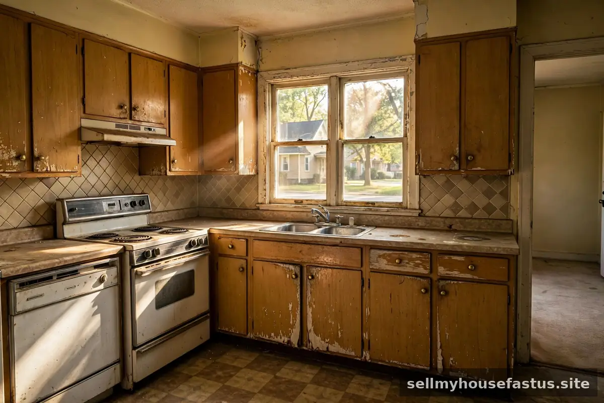 A dated kitchen interior needing renovation with sunlight coming through a window.