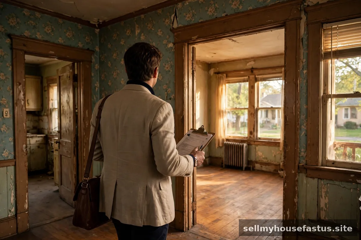 A real-estate investor walking through an older home carrying a clipboard.